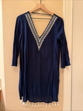 Kona Sol Navy Blue Embroidered V-Neck Swim Coverup